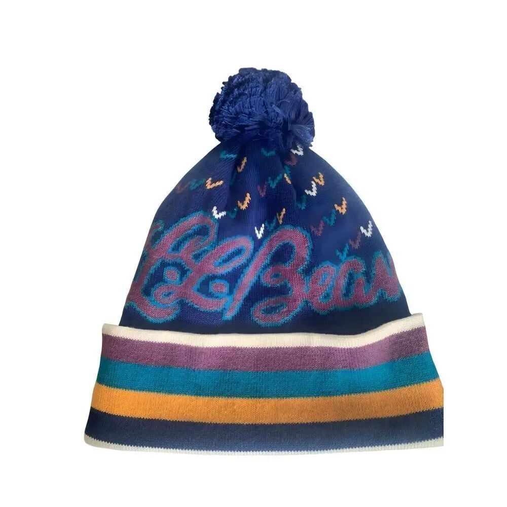 L.L Bean Katahdin Pom Beanie Raw Indigo Script Logo, New Unisex